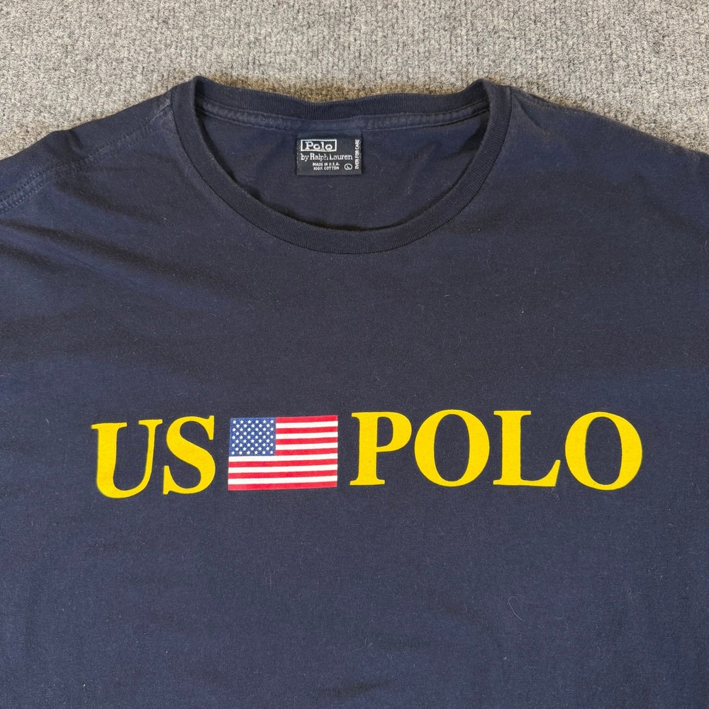 Vintage Polo Ralph Lauren US Polo Flag T-Shirt Blue Large USA Made #3969